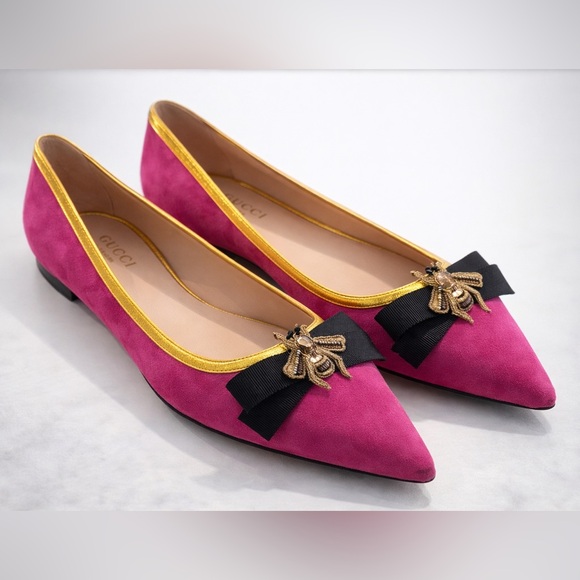 Gucci Shoes - Gucci Bee Pointed Ballerina Flats Pink Suede Size 39.5 NEW